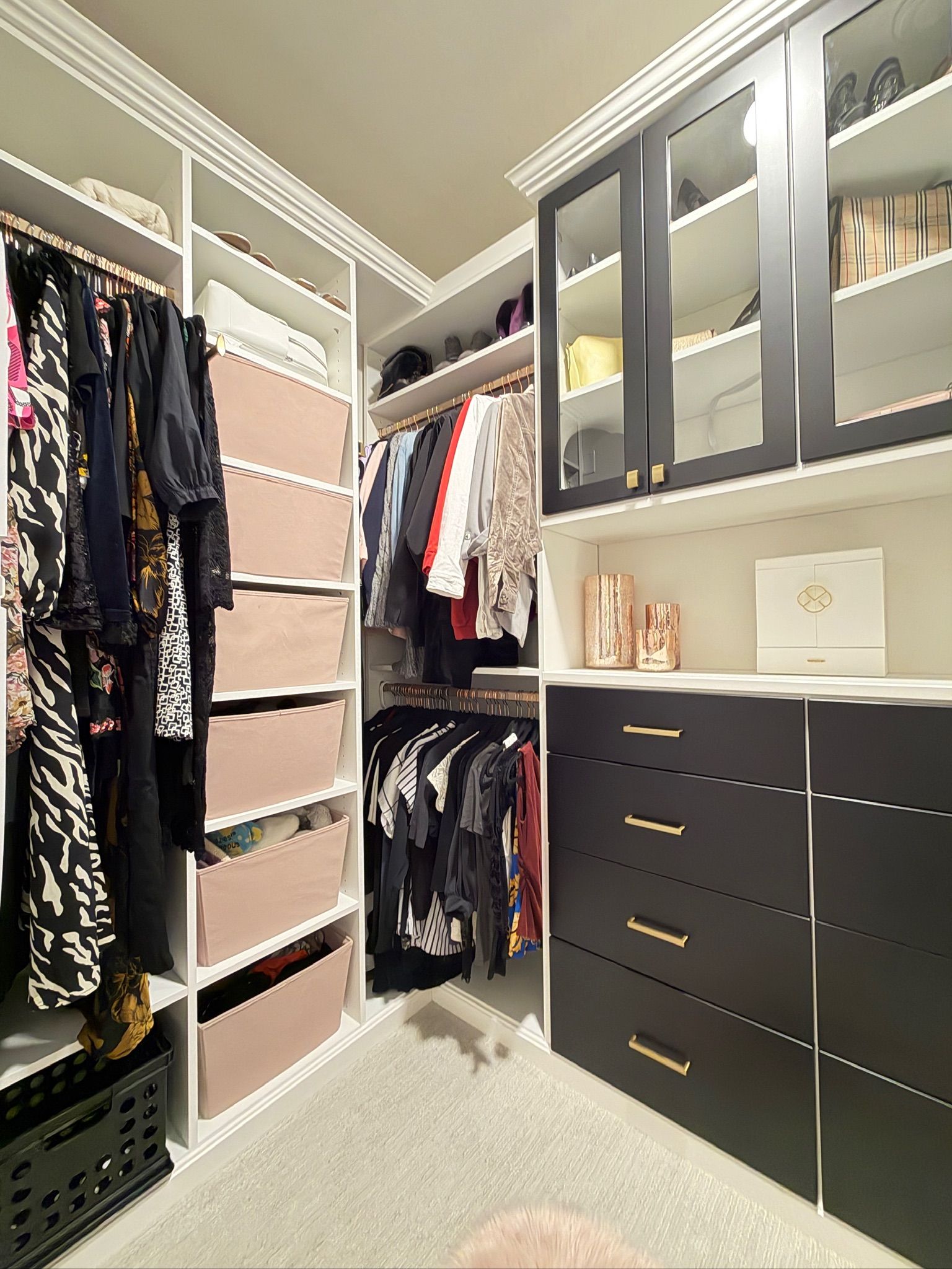 Walk-in closet with hanging clothes, open shelves, gray cabinets, and drawers on a carpeted floor