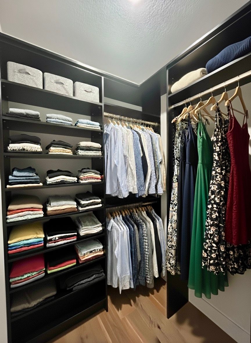 Walk-in closet with shelves of folded clothes, hanging shirts and dresses, and white storage boxes.