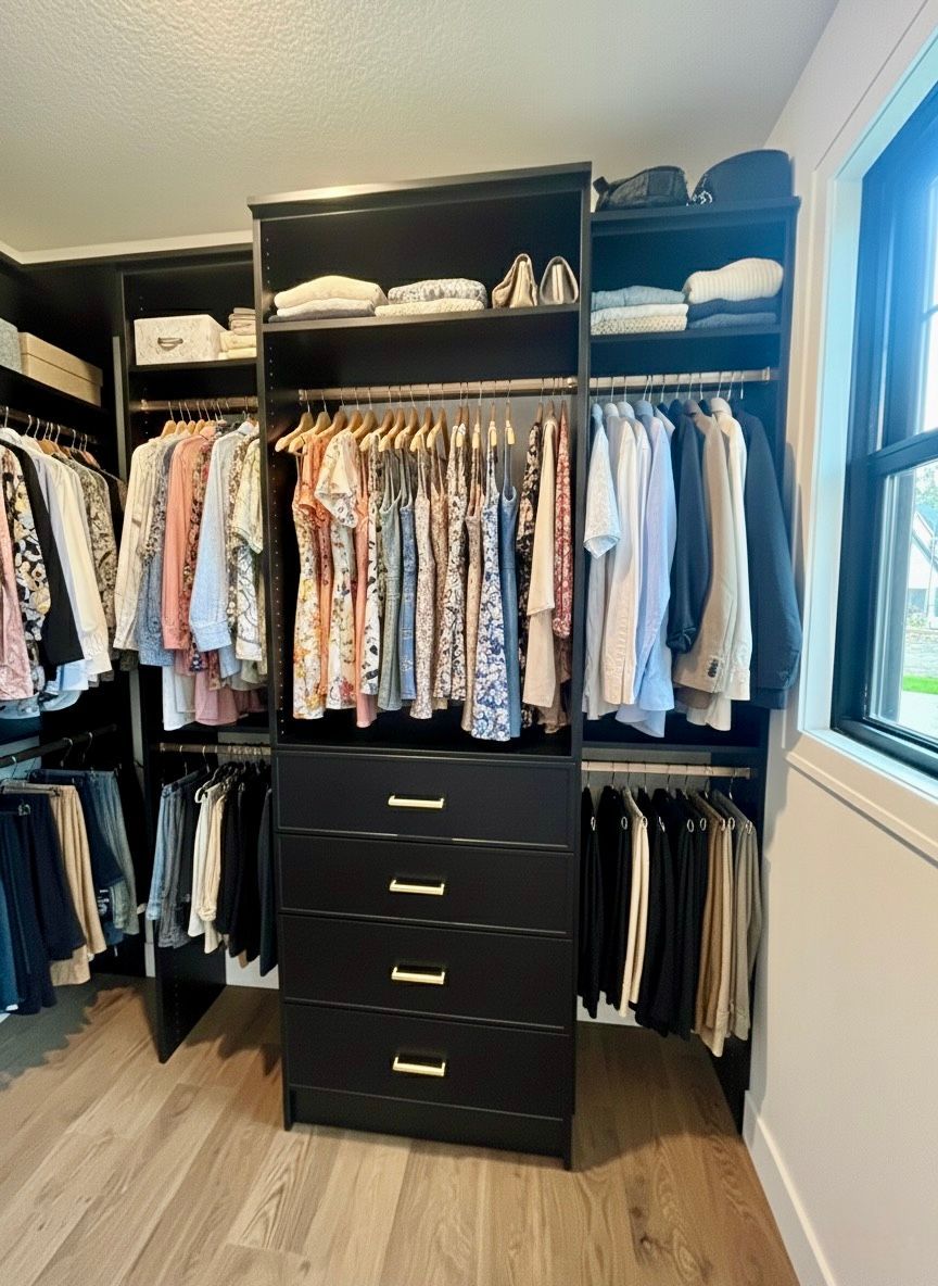 Walk-in closet with hanging clothes, shelves, and black drawers beside a window