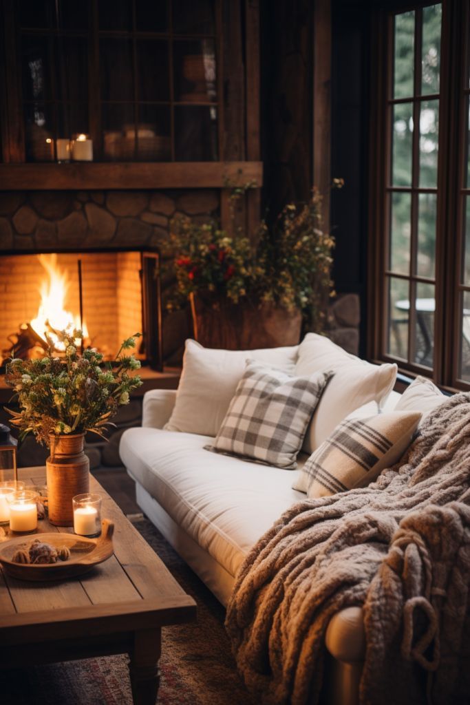 A living room with a couch , coffee table , fireplace and candles.
