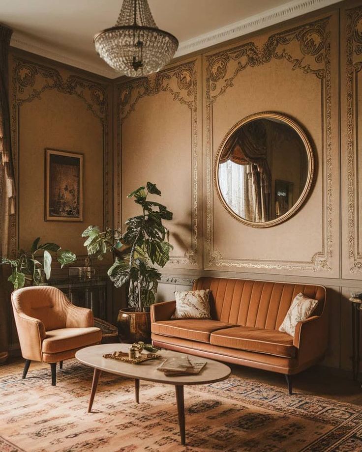 A living room with a couch , chair , coffee table and mirror.