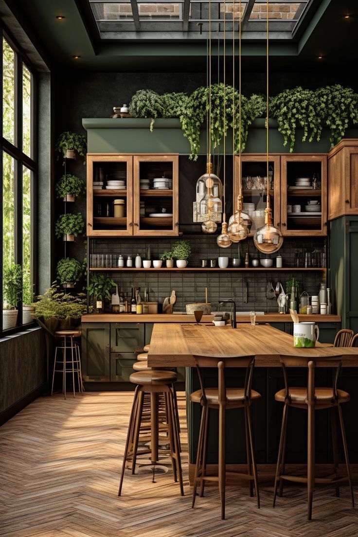 A kitchen with green cabinets , a wooden table , stools and plants hanging from the ceiling.
