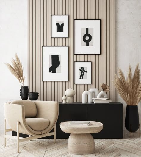 A living room with a chair , table , vases and pictures on the wall.