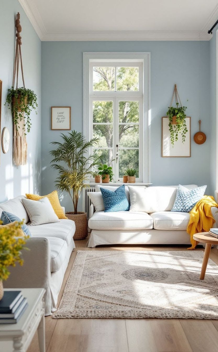 A living room with two couches , a rug , a table and a window.
