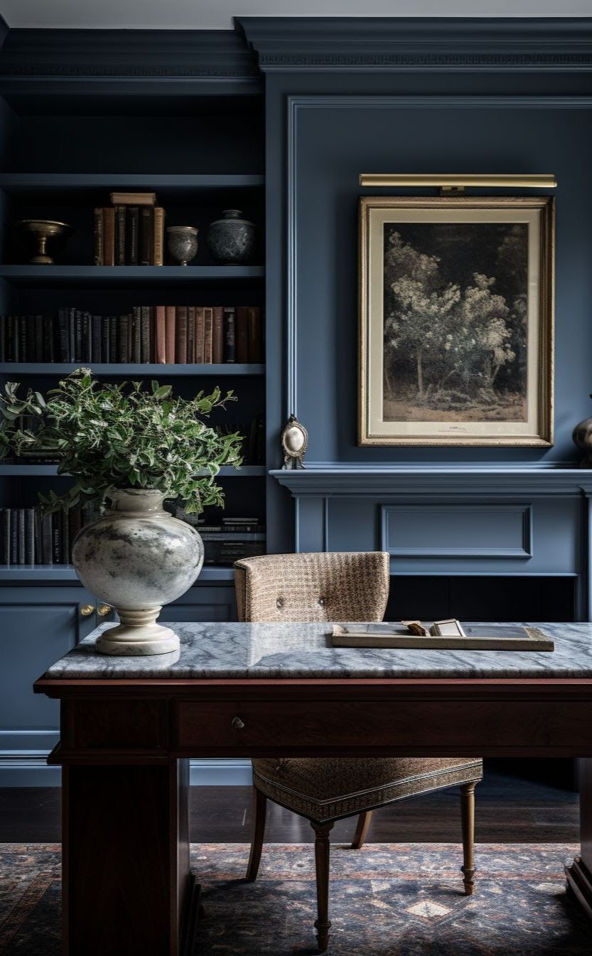 A home office with a desk , chair , bookshelf and fireplace.