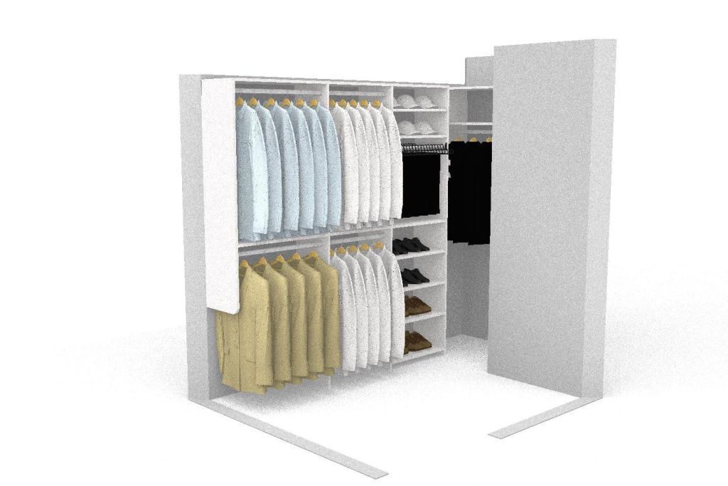 A 3d model of a walk in closet filled with clothes and shoes.