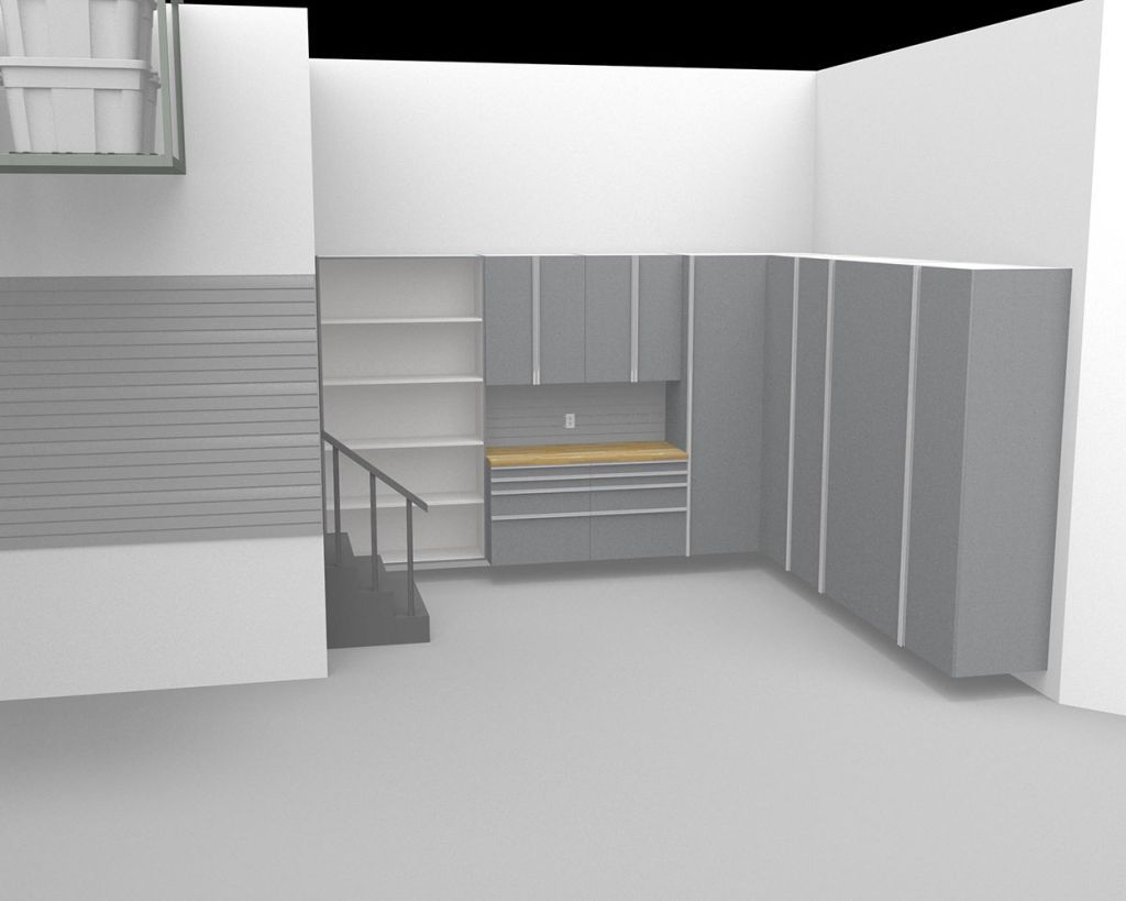 A 3d rendering of a garage with gray cabinets and stairs.