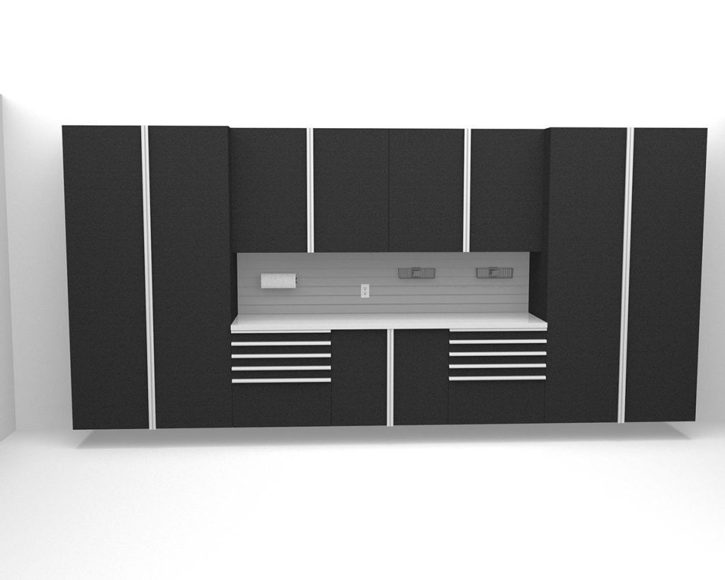 A 3d model of a kitchen with black cabinets and a white counter top.