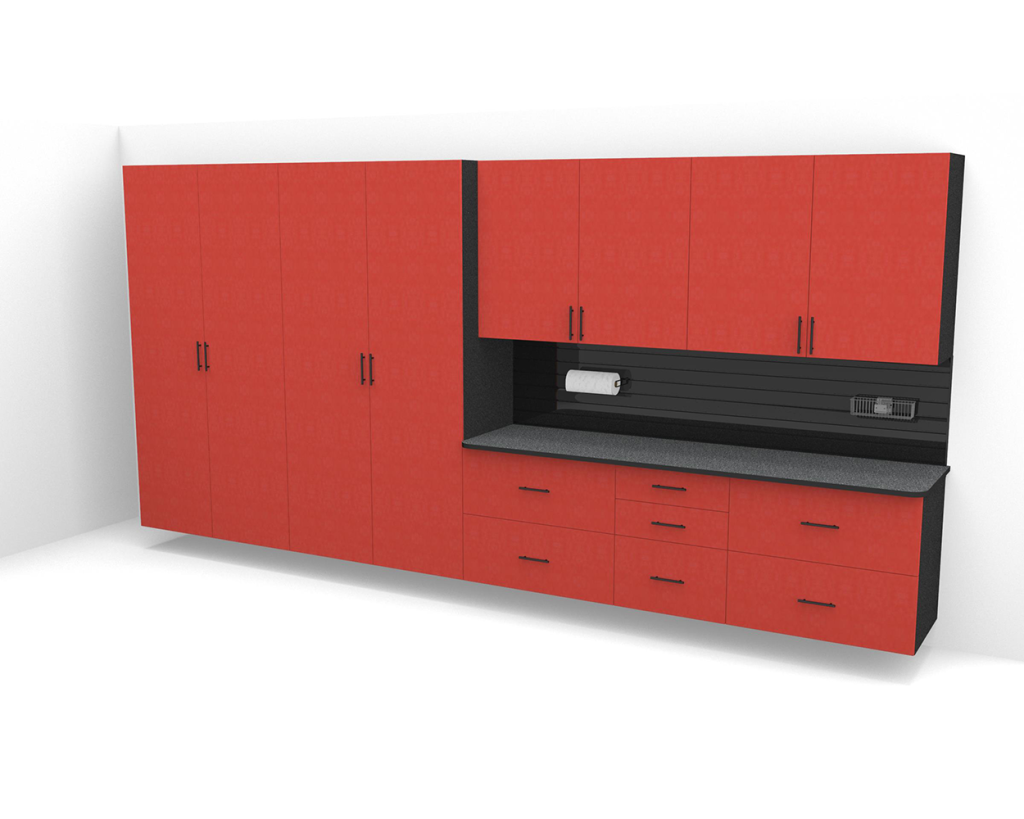 A computer generated image of a kitchen with red cabinets and drawers.