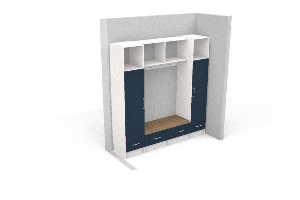 A 3d model of a locker room with blue doors and shelves.
