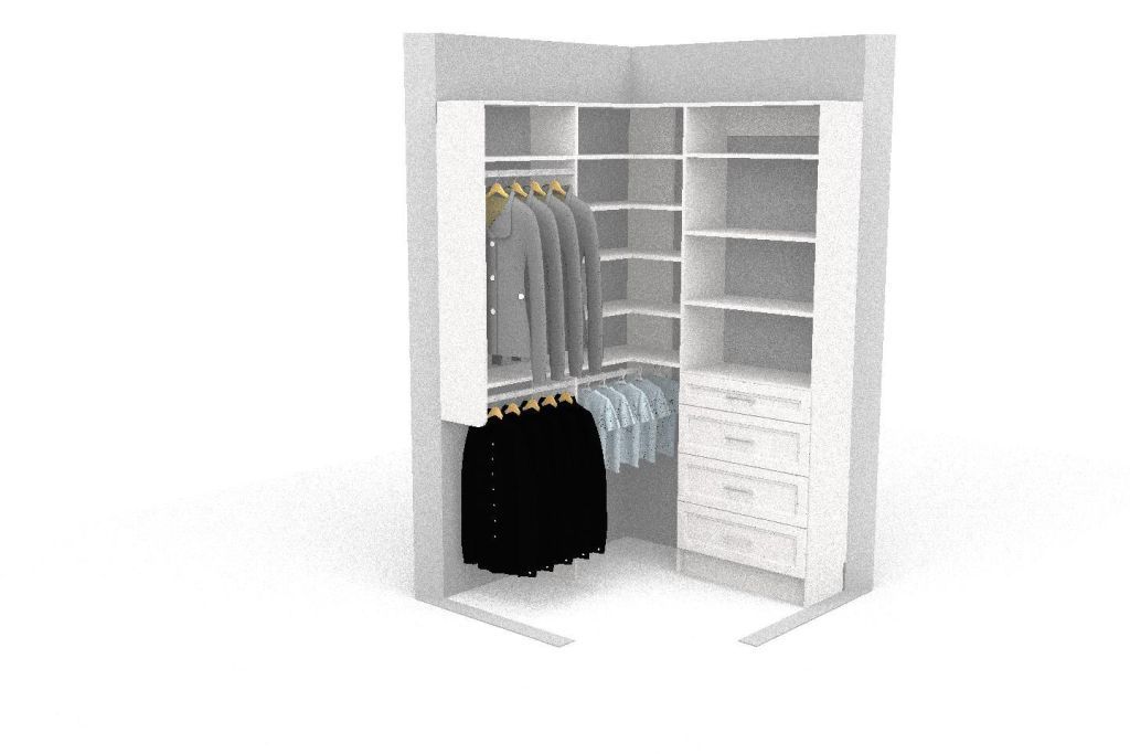 A 3d model of a walk in closet with clothes and shelves.