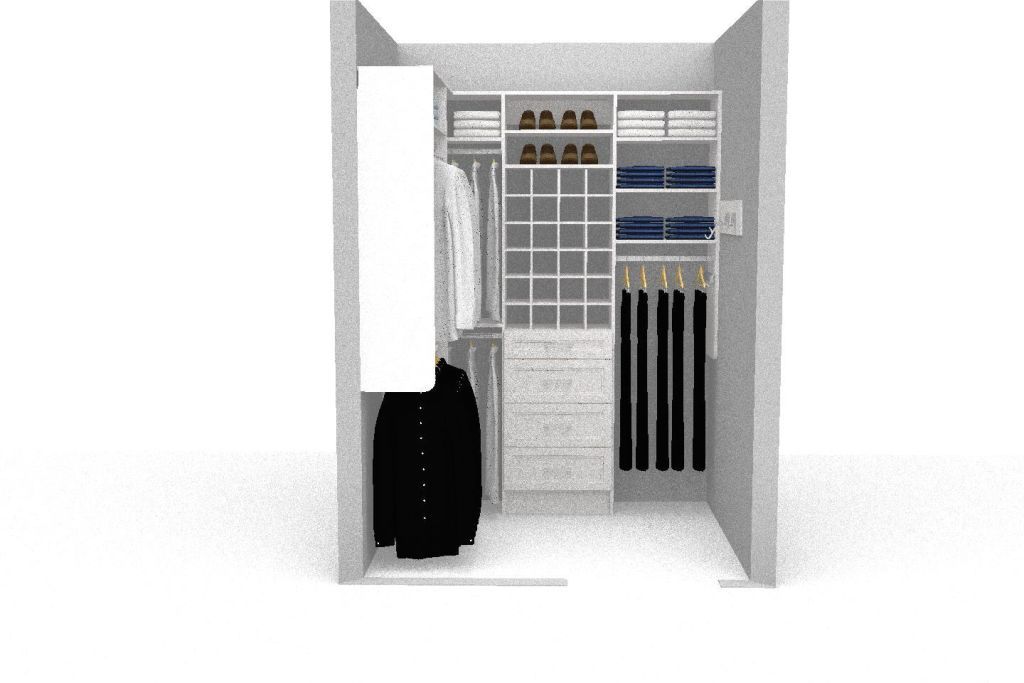 A 3d rendering of a walk in closet filled with clothes and shoes.