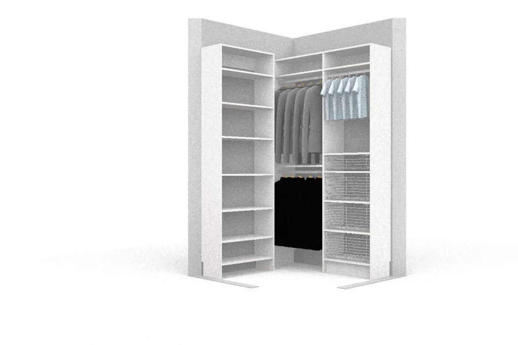 A white closet with clothes hanging on the shelves and a black door.