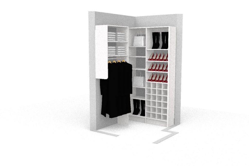 A 3d model of a walk in closet with clothes and shoes.