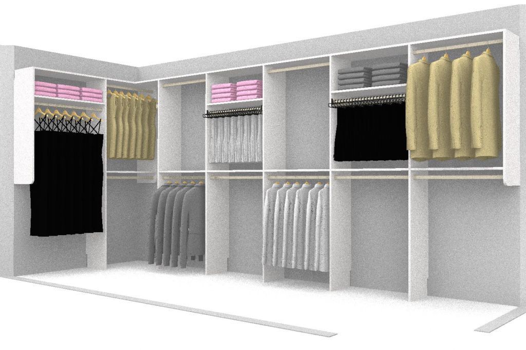 A 3d rendering of a closet filled with clothes