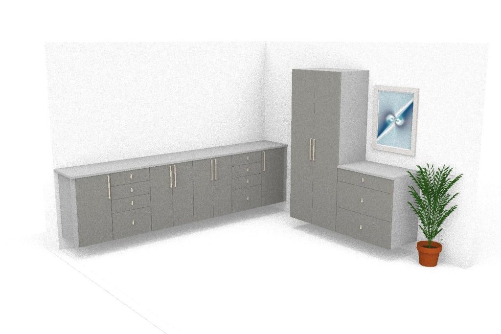 A computer generated image of a room with gray cabinets and a potted plant.