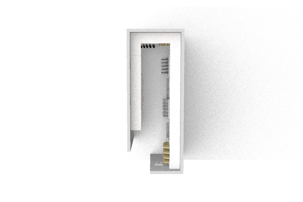 A 3d model of a closet with a door and shelves.