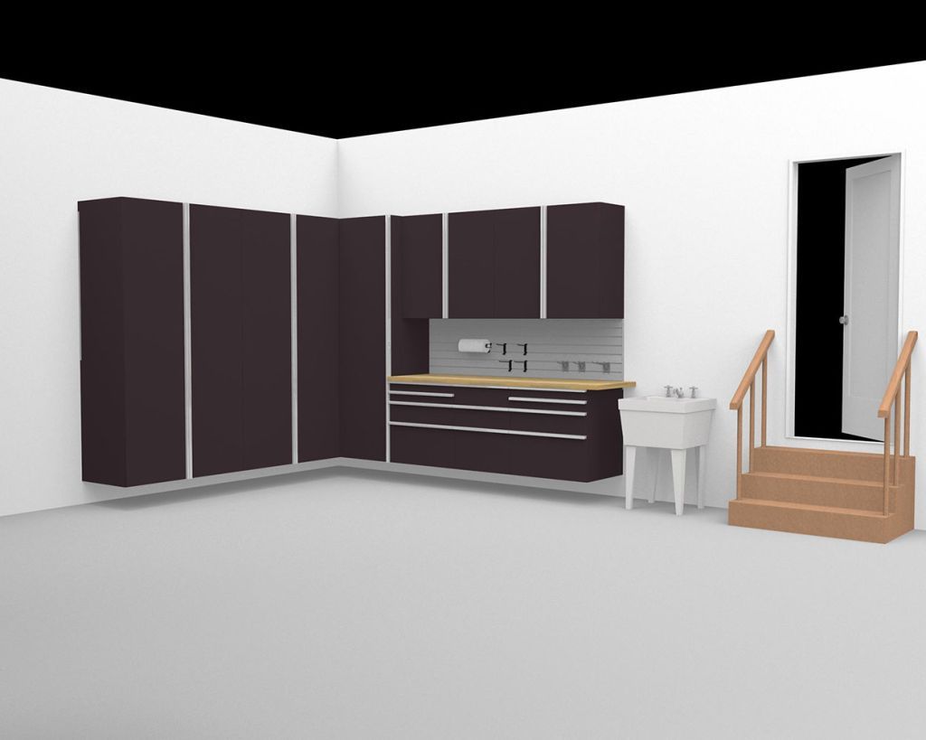 A 3d rendering of a kitchen with a sink and stairs