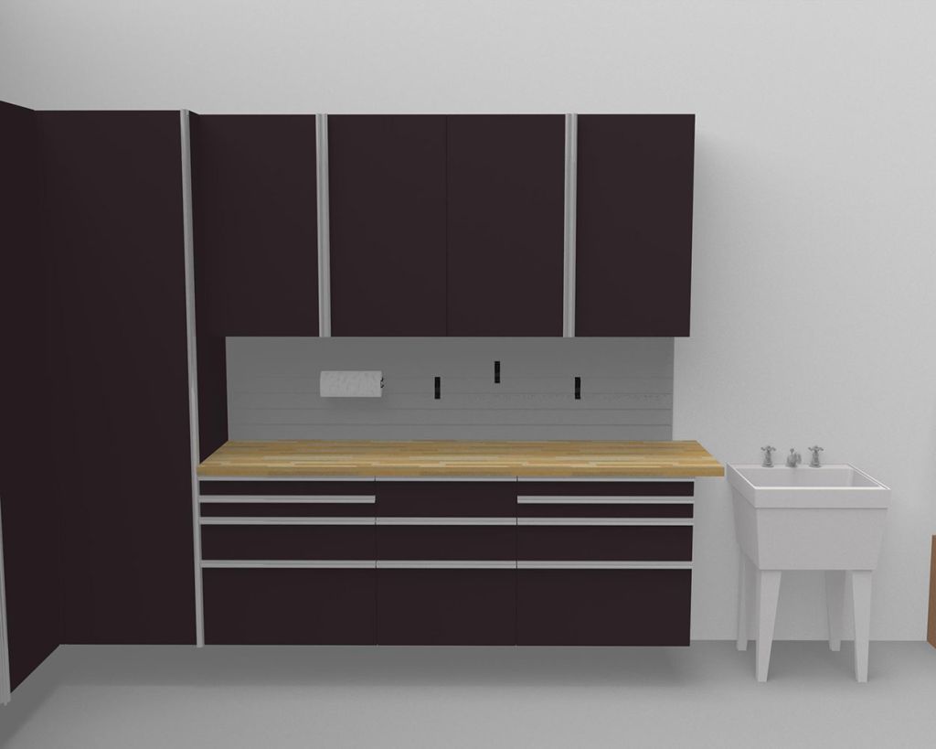 A 3d rendering of a garage with black cabinets and a sink.