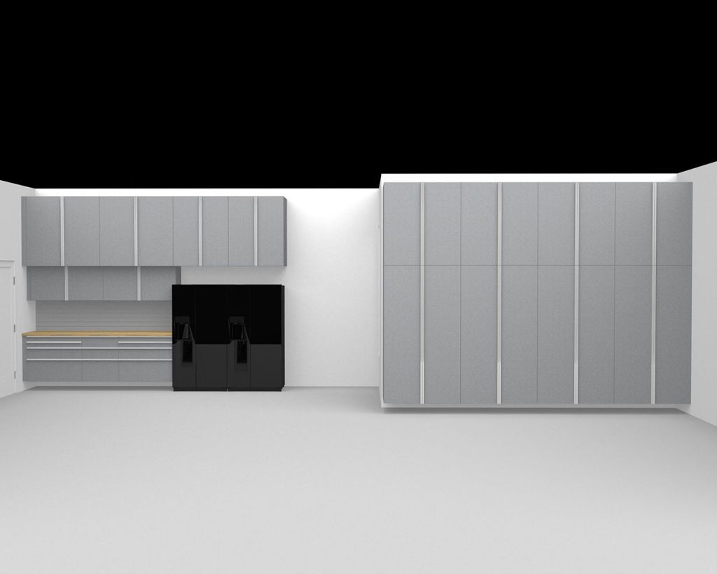 A computer generated image of a kitchen with gray cabinets