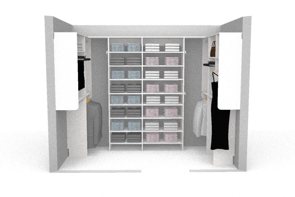 A 3d rendering of a walk in closet with shelves filled with clothes.