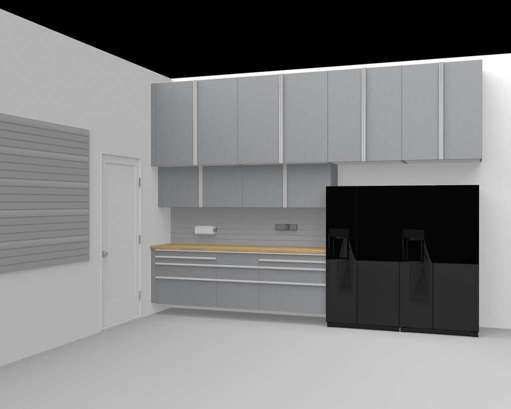A garage with gray cabinets and a black refrigerator