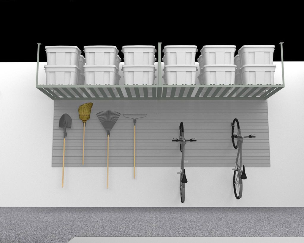 A shelf in a garage with tools and a bike on it