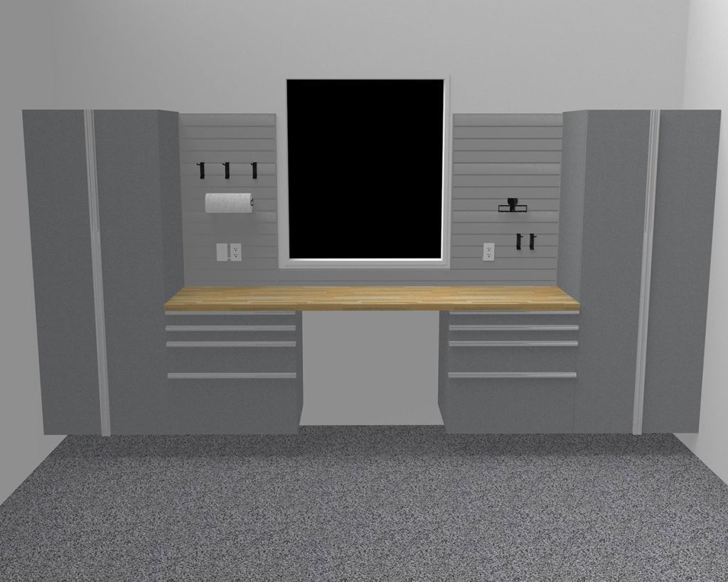 A computer generated image of a garage with a tv on the wall.