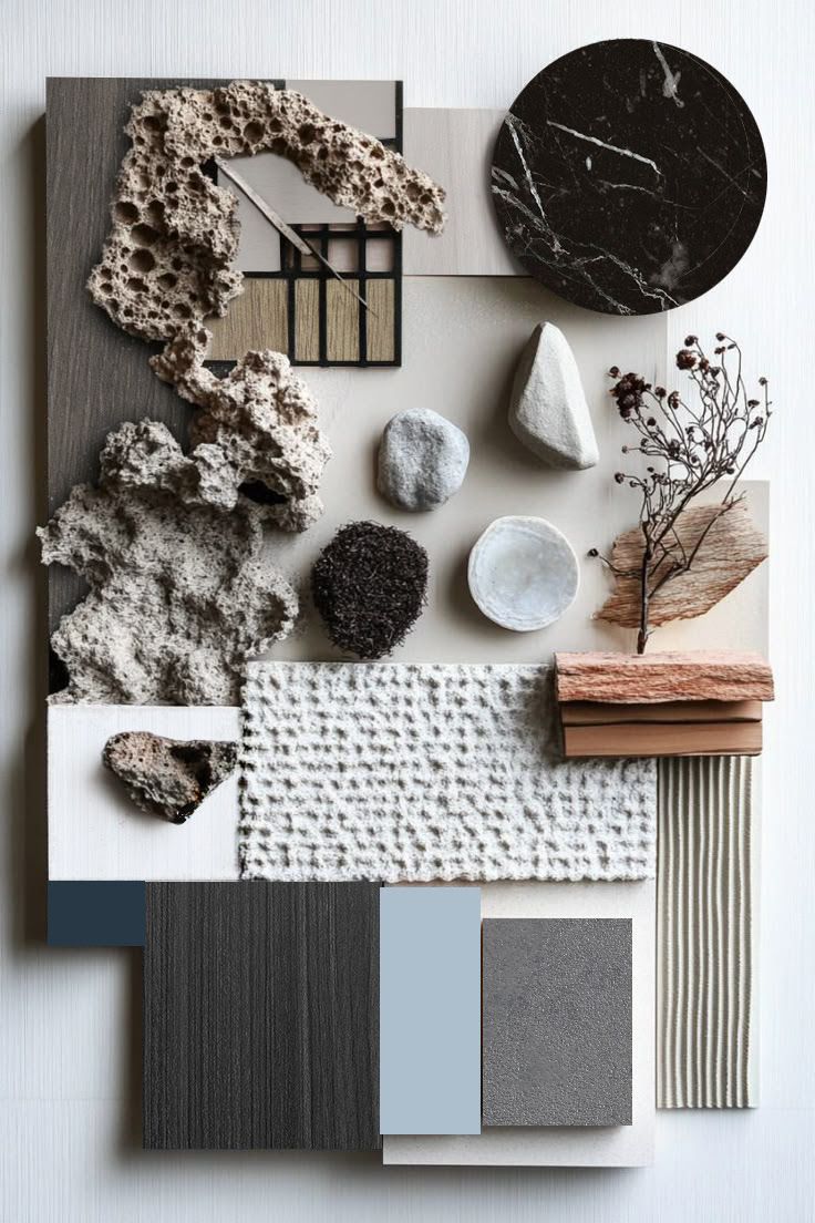 Mood board of various textured samples and natural elements: stone, wood, fabrics in neutral tones.