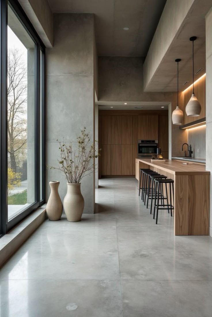 Modern kitchen with large window, stone flooring, wood cabinets, and neutral decor.