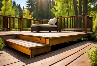 Wooden deck with railing in a forest, featuring an outdoor sofa and bench seat.