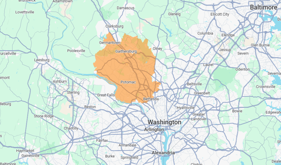 Map around Washington, D.C. with an orange highlighted area northwest of the city and nearby Baltimore labeled.