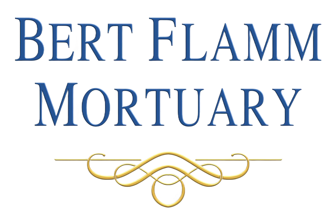 Bert Flamm Mortuary logo in blue serif text with gold decorative flourish on white background
