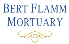 Bert Flamm Mortuary logo in blue serif text with gold decorative flourish on white background