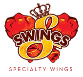 A logo for swings specialty wings with a crown on it