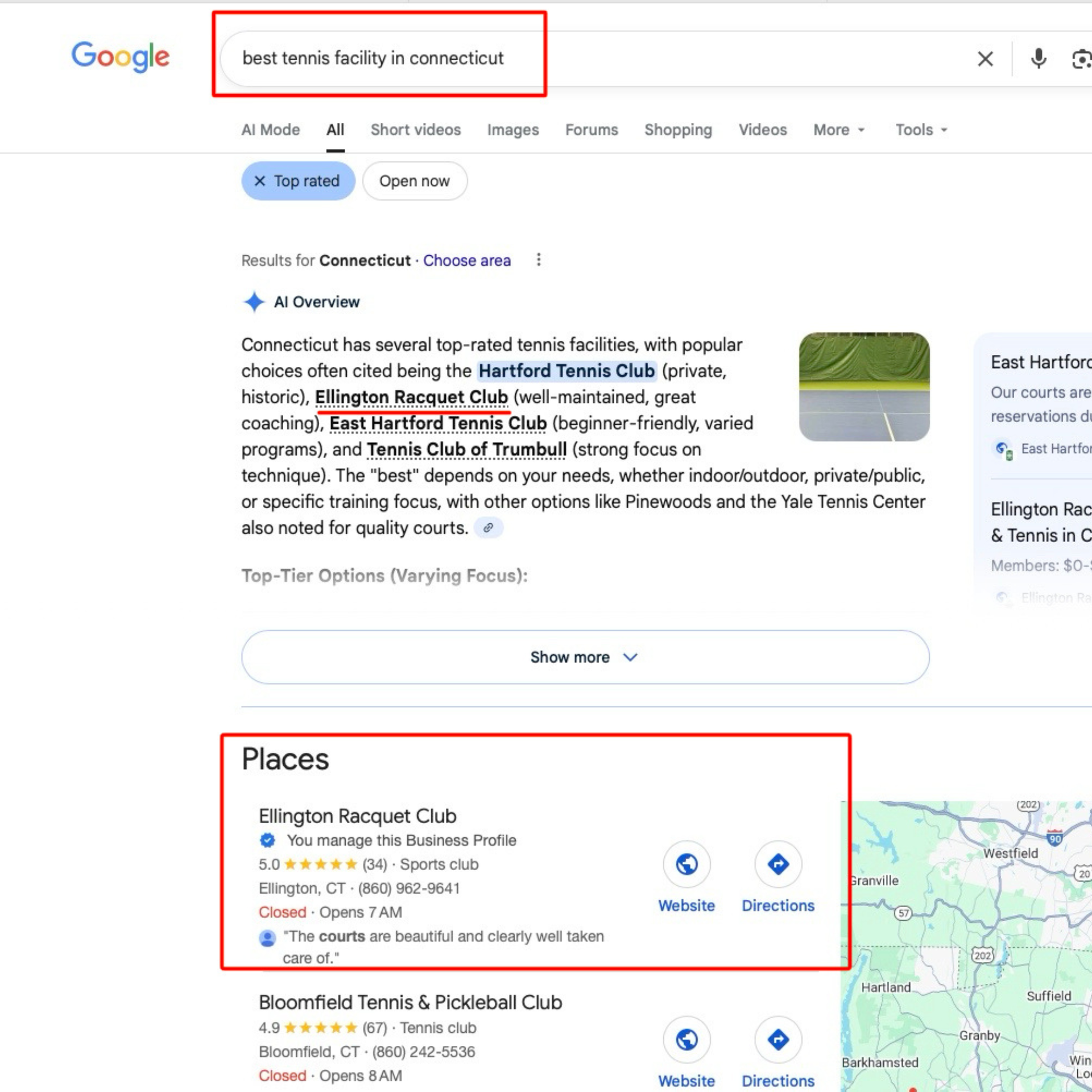 Google AI Overview showing Ellington Racquet Club for “best tennis facility in Connecticut” and the Places listing below.