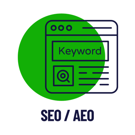 Green circle with a website outline that includes the word