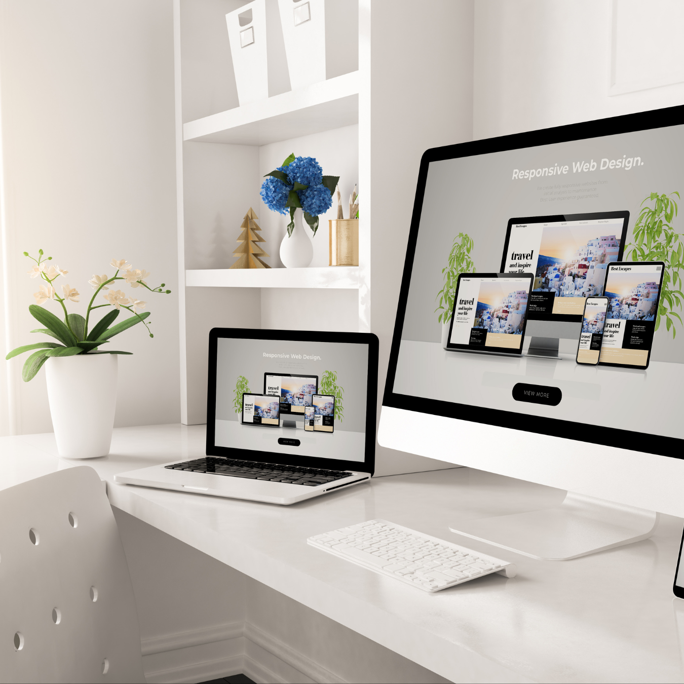 Laptop and desktop computer displaying a website mockup on a white desk with plants and shelving.