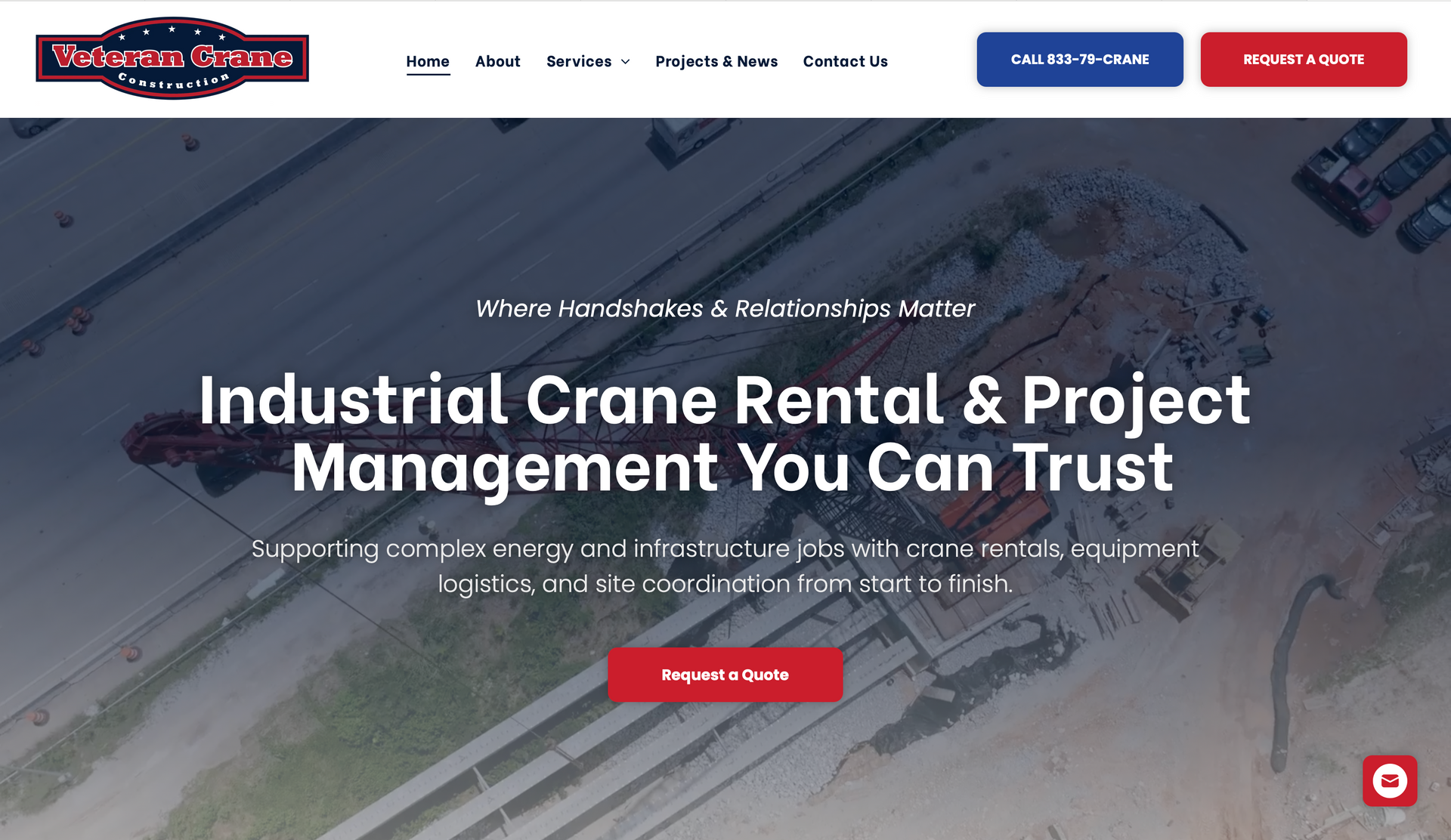 Industrial Crane Rental & Project Management website with a red 