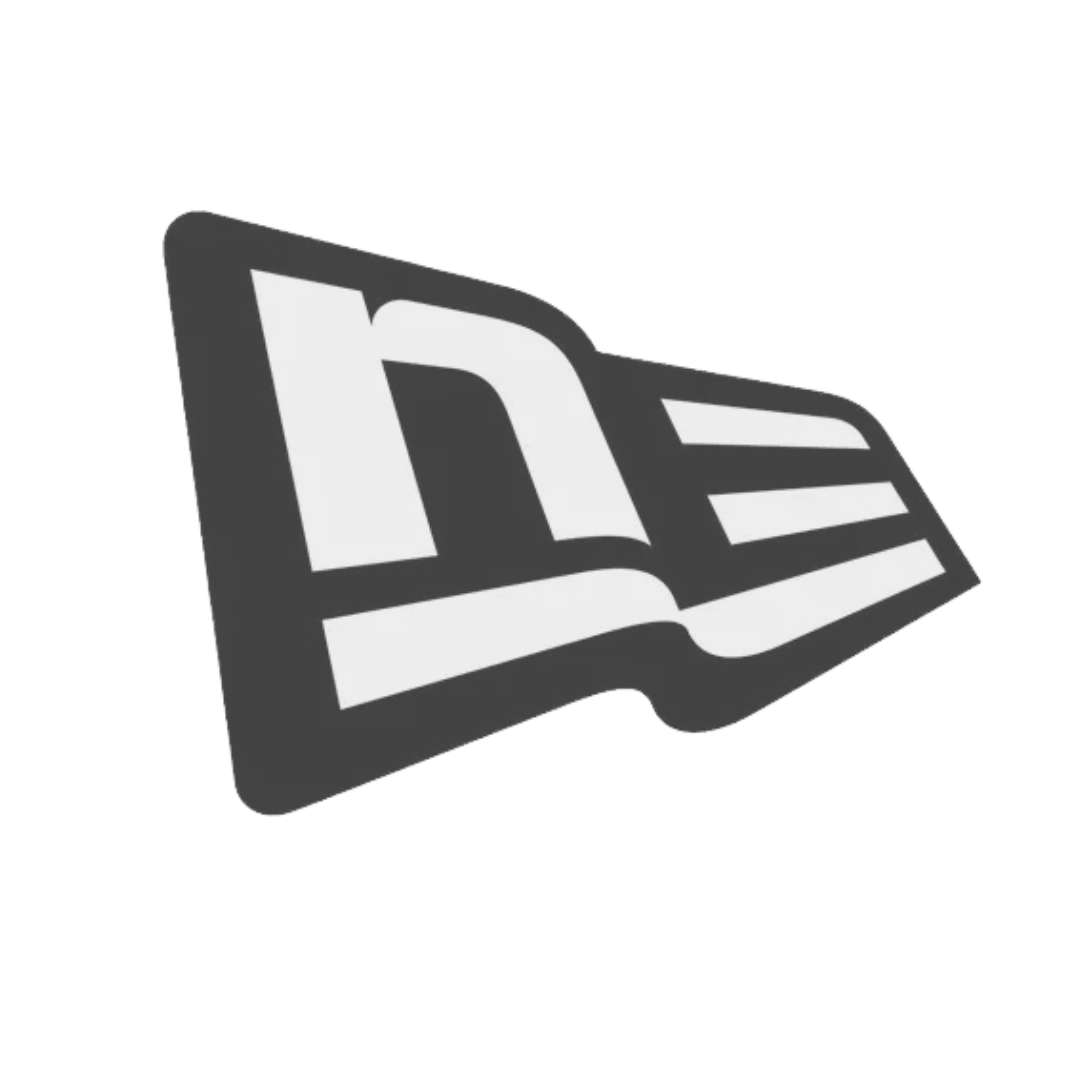 A black and white new era logo on a white background