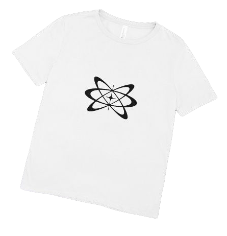 A white t-shirt with a black atom on it.