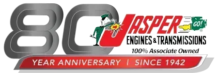 Jasper Engines & Transmissions logo celebrating its 80th-year anniversary. Includes a worker welding and the year 1942.