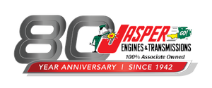 Logo celebrating Jasper Engines & Transmissions' 80th anniversary since 1942. Includes a welder graphic.