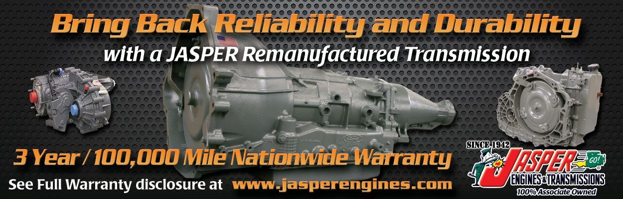 Advertisement for JASPER remanufactured transmission. It features a transmission and warranty information.