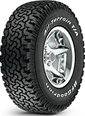 BFGoodrich All-Terrain T/A tire with black sidewall and silver wheel, angled view.