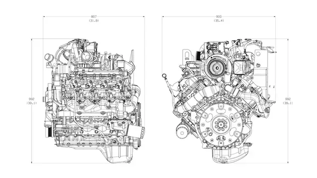 Blueprint of an engine, side and front views, showing dimensions in millimeters.