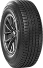 Car tire on a silver rim. Black tread, angled spoke design.