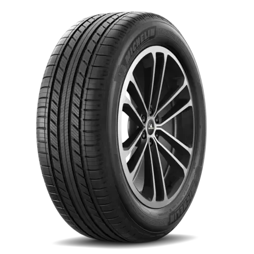 Black Michelin tire on a silver and black alloy wheel.
