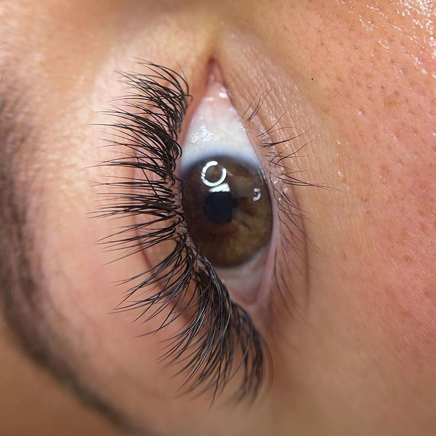 Close-up of a brown eye with long curled eyelashes and a bright reflection