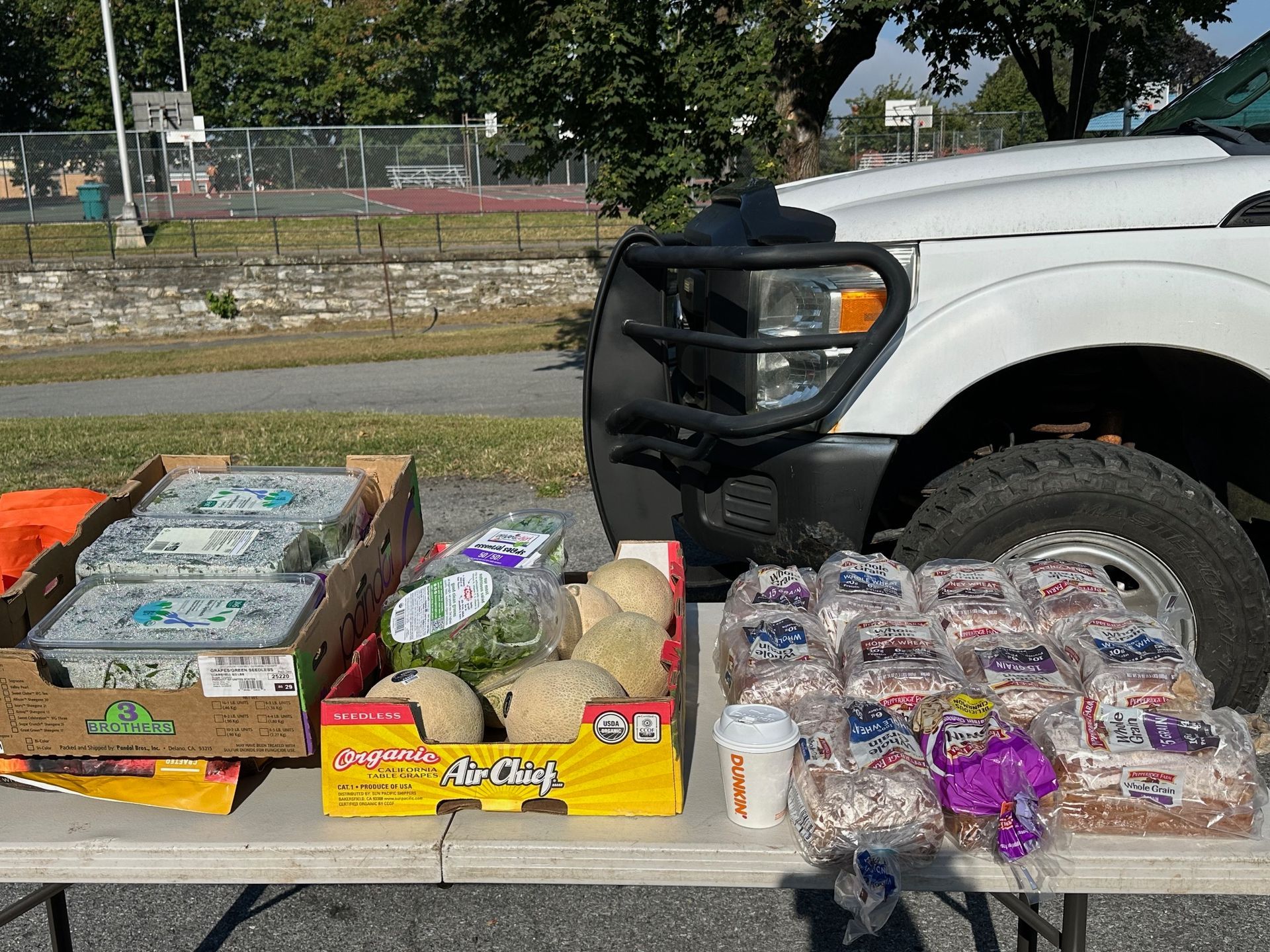 Table with produce and wrapped baked goods next to a white truck with a brush guard; a park in background.